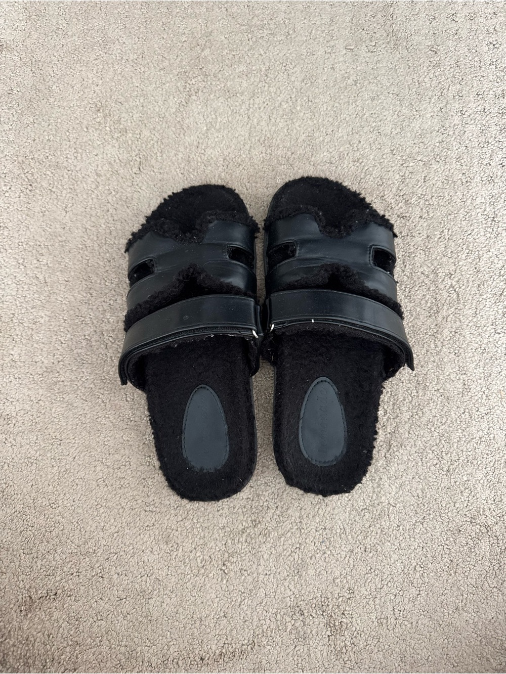 Women's Black Faux-Shearling Slide Loafers with Straps